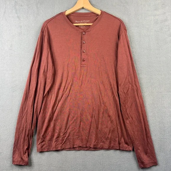 Wool & Prince Mens Merino Wool Blend Long Sleeve Henley Shirt Rust Brown Size L - Picture 2 of 6